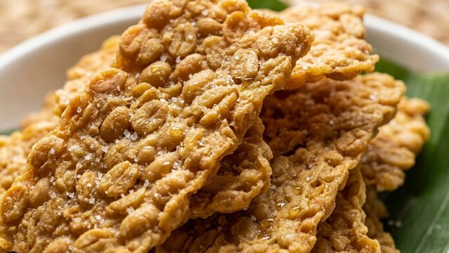 A pile of crispy golden Indonesian tempeh chips with textured surface