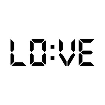 Digital clock style text reading love isolated on white background