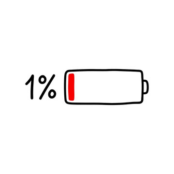 Drawn battery icon showing one percent charge on a white background