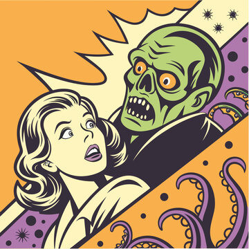 Vintage comic book style illustration featuring a terrified woman being approached by a scary green zombie monster