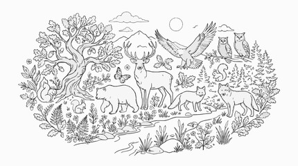 Obraz premium Black and white line art illustration of various forest animals in nature with Detailed vector outline drawing