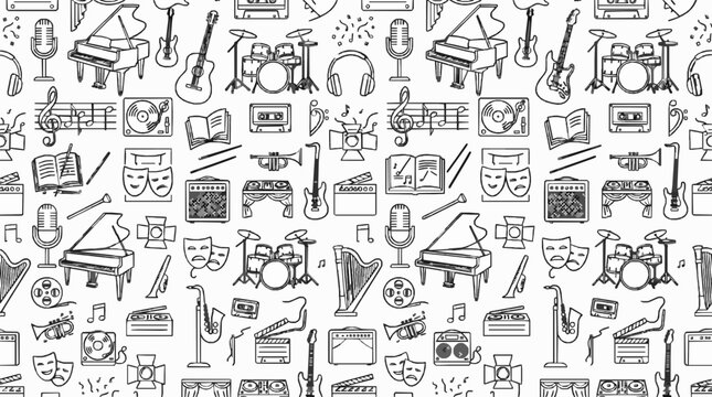 Seamless pattern featuring various musical instruments and performance arts equipment in black with repeating background pattern