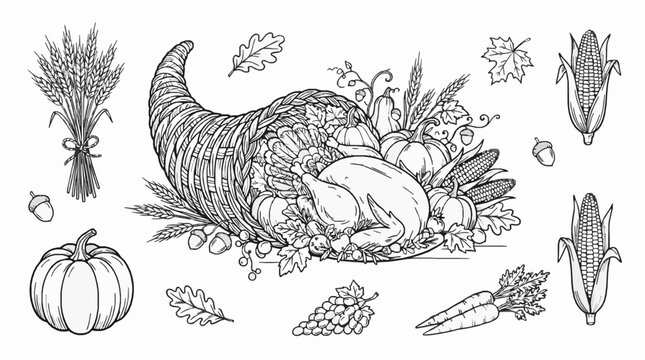 Black and white hand drawn cornucopia filled with harvest food crops with overflowing turkey vegetables
