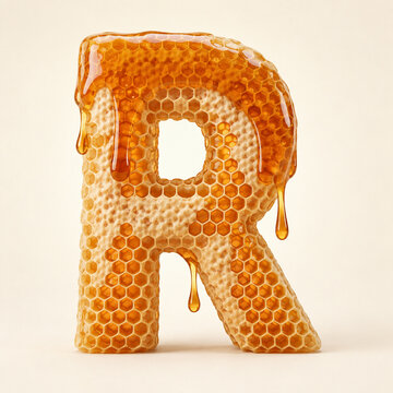 Three dimensional capital letter R textured like honeycomb with golden honey dripping down, isolated on a soft cream background.