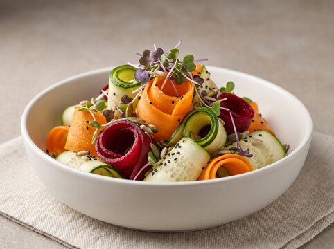 A vibrant gourmet vegetable ribbon salad with crisp textures and earthy colors, perfect for healthy dining concepts