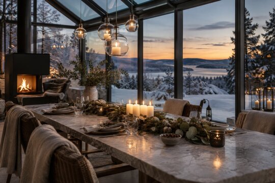 Festlich gedeckter Esstisch im modernen Wintergarten mit Kerzen und Tannengr&uuml;n. Kaminfeuer und verschneite Seenlandschaft schaffen eine elegante, gem&uuml;tliche Atmosph&auml;re.