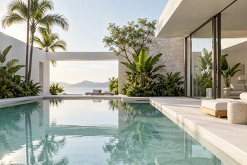 Fototapeta premium Luxury Pool Courtyard with Palms and Coastal Mountain Views