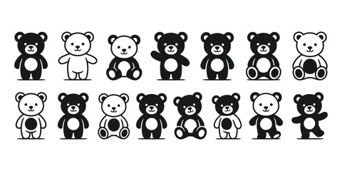 Fototapeta premium Teddy bear icon set featuring various black and white bear illustrations for baby products, toy branding, and children design projects.