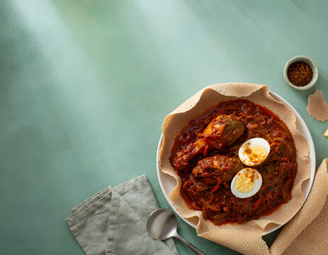 Top Down View of Ethiopian Doro Wat Chicken Stew Served on Injera Flatbread with Hard Boiled Eggs