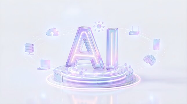 Three dimensional glossy ai letters standing on a circular platform with floating digital interface elements