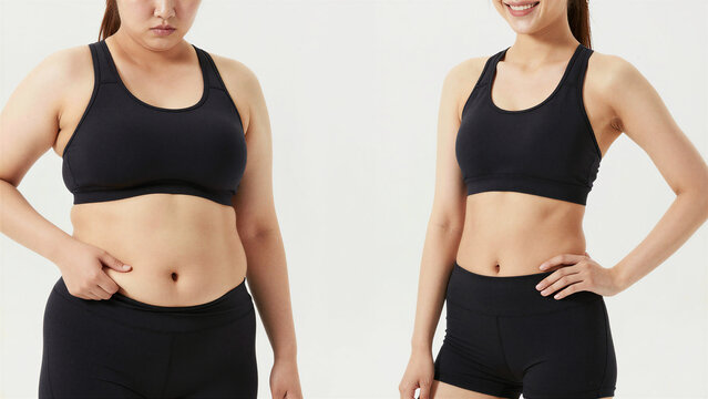 Overweight and Fit Faceless Japanese Young Women Comparison, Weight Loss and Healthy Lifestyle Transformation Concept, Copy space on the center