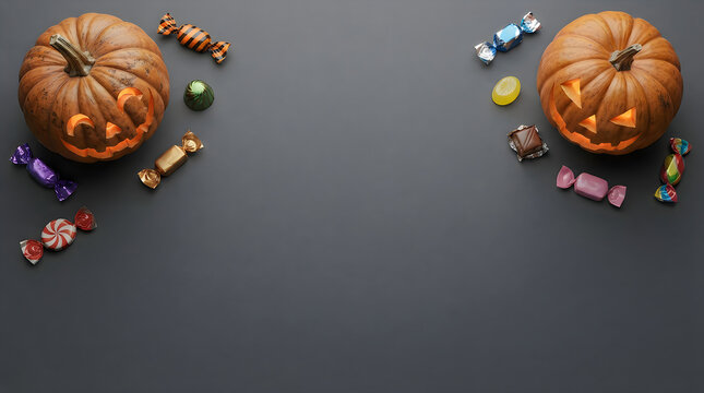 Halloween pumpkins with assorted candies and toys