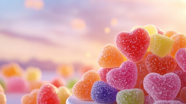 A vibrant assortment of heart-shaped gummy candies glistening in the sunlight at a joyful celebration