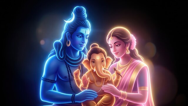 Shiva Parvati Ganesha Family &ndash; Glowing Hindu Deity Portrait and Sacred Family Bond.