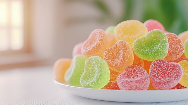 A vivid arrangement of delightful, sugary gummy candies in heart and circle shapes capturing irresistible sweetness and color