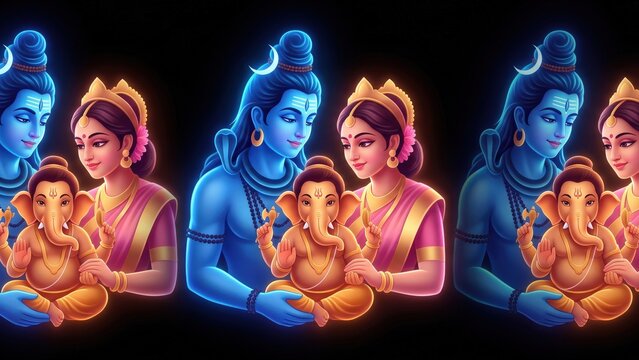 Shiva Parvati Ganesha Family &ndash; Glowing Hindu Deity Portrait and Sacred Family Bond.