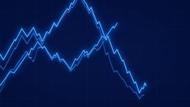 Stock Market Fluctuations,  Animated Blue Neon Multiple Line Charts Rise And Fall Across A Dark Grid Background, Financial Performance, Investment Trends, And Business Data Analysis.