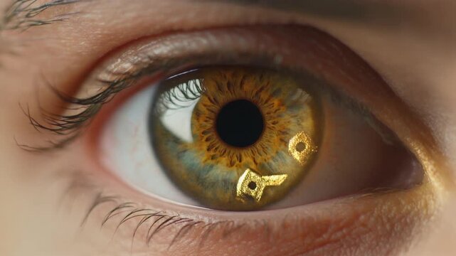 Firefly Extreme macro cinematic footage of one beautiful human eye, luxurious golden-amber iris