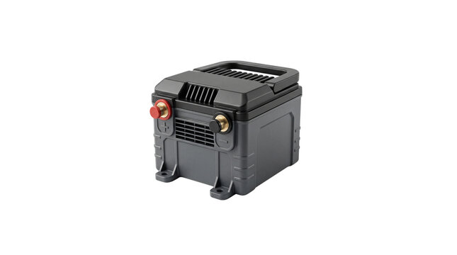 Car battery isolated on a plain background showing its sturdy black plastic casing and visible terminal connections.