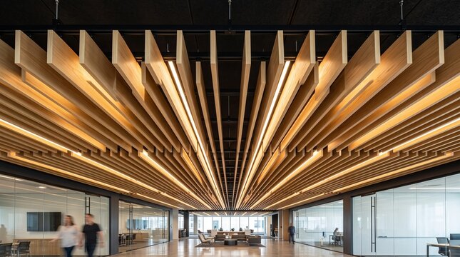 Modern architectural ceiling with acoustic light wood baffles and LED strip lighting