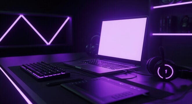 Modern Gaming Setup With Purple Neon Lights Glow