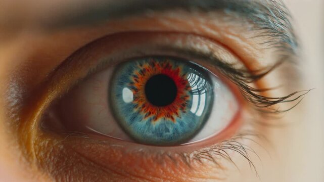 Extreme macro cinematic footage of a single beautiful human eye, intense royal-blue iris with a fiery center