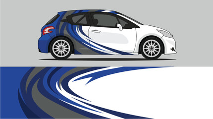 Fototapeta premium White car with blue racing stripes speeding on road