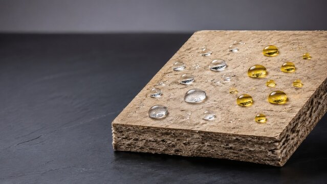Corrugated board slab on black slate holding clear water beads on one half and golden oil beads on the other in a side by side barrier performance demonstration