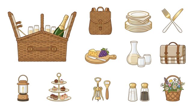 Picnic basket set with outdoor dining accessories, wicker hamper and summer outing elements, 12 isolated hand-drawn illustrations on white background