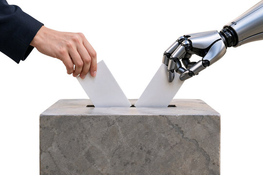 Human and Robotic Hands Casting Ballots into Stone Ballot Box &ndash; AI, Democracy and Election Technology Concept