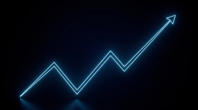 Glowing blue neon arrow pointing up, financial growth chart line on black background, futuristic business success and market recovery concept