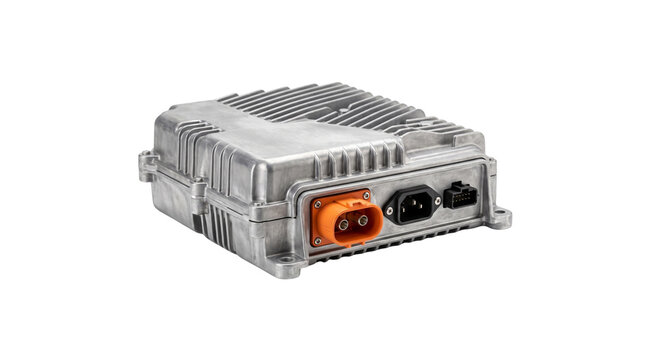 Control unit encased in a heavy aluminum housing featuring prominent orange and black electrical ports.