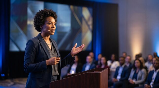 Confident Speaker on Stage: A skilled female presenter engages an audience from behind a podium, delivering a compelling speech with clear articulation and expressive gestures.