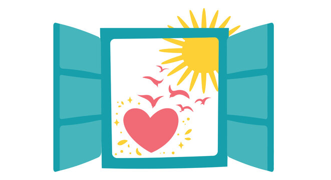 Open window with sun heart and birds is a colorful vector illustration