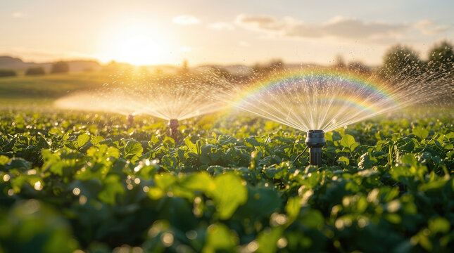 Agricultural sprinklers watering a lush green crop field at golden hour, with sparkling water droplets illuminated by warm sunlight and a soft rainbow in the mist.