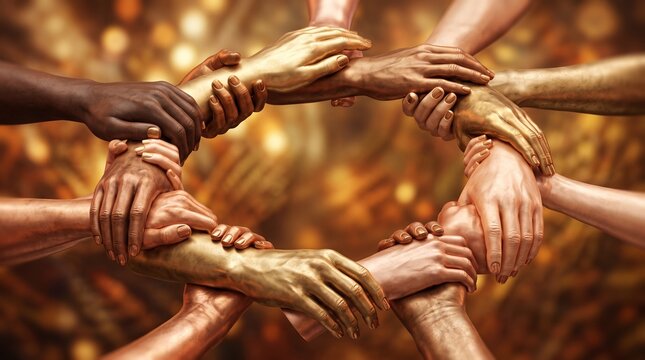 Circle of Unity: A powerful visual representation of diversity and togetherness, showcasing multiple hands of varying skin tones clasped in a circular embrace.