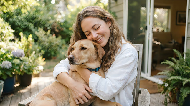 Joyful young woman embracing her golden retriever in a lush garden setting