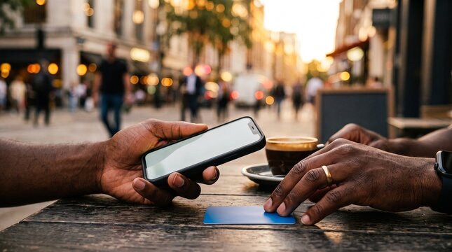 Mobile Payment at Cafe: A close-up shot captures a hand holding a smartphone, seemingly making a mobile payment for a coffee at an outdoor cafe, illustrating modern transaction methods.