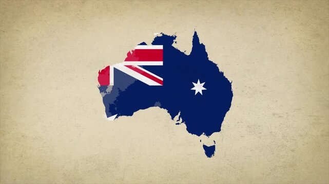 Animated Appearing AUSTRALIA Map Filled with Flag Isolated on Vintage Background
