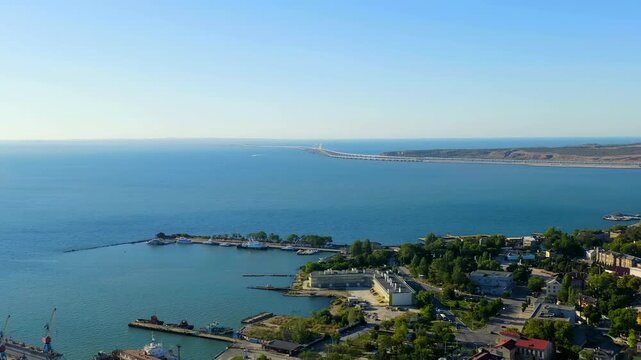 Kerch, Crimea. View of the new Crimean bridge. Clear weather. Drone footage