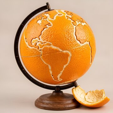 Orange globe representing the Earth with a peeled orange slice  