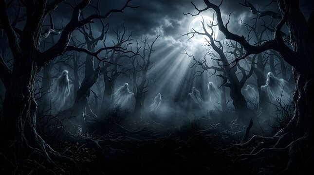 Ethereal ghost figures floating in a haunted forest under a bright full moon at night