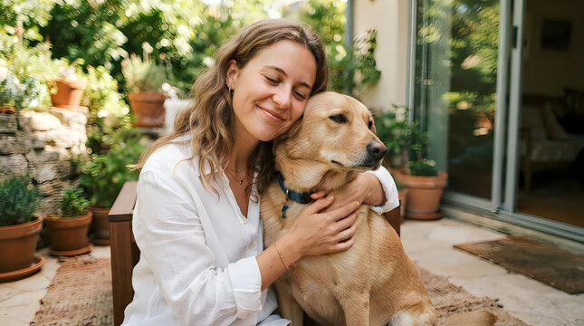 Happy young woman embracing her golden retriever puppy in a lush garden setting