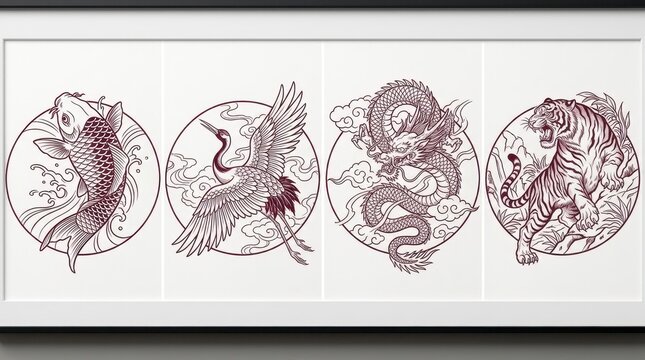 Traditional Asian Style Illustrations Set Featuring Koi Fish, Crane, Dragon, and Tiger in Circular Frames