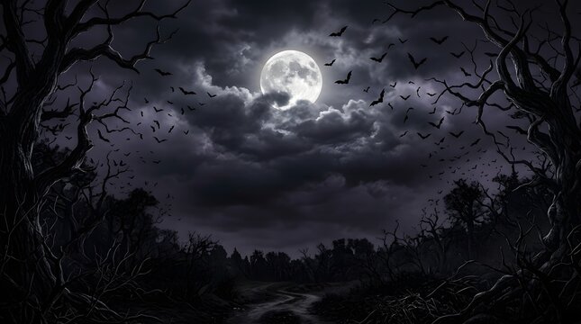 Spooky halloween night background with a full moon and flying bats in a dark misty forest scene