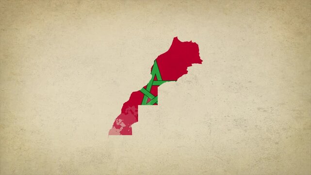 Animated Appearing Morocco Map Filled with Flag Isolated on Vintage Background