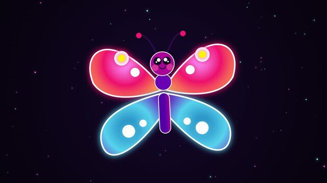 Cute glowing butterfly flapping colorful wings in dark space with glowing particles floating around