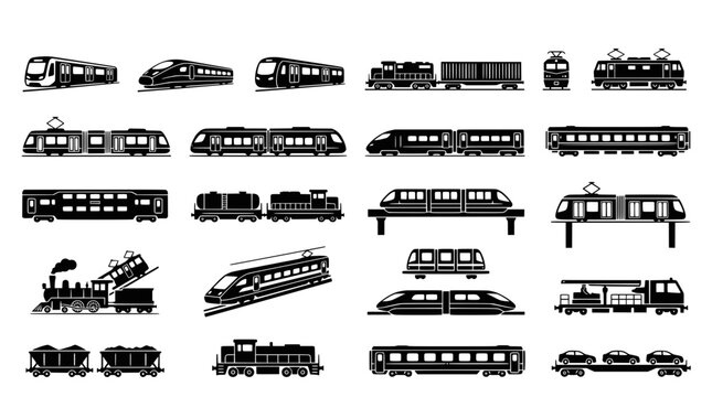 Set of trains, locomotives, freight cars, and railway transportation solid silhouettes vector illustration