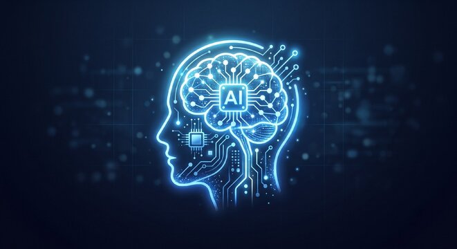 AI brain graphic with digital circuits in a dark background  