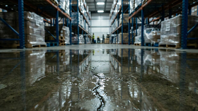 Industrial warehouse water damage and flooding | Disaster recovery for commercial storage facilities | Flooded logistics center floor with water reflections | Warehouse maintenance issues